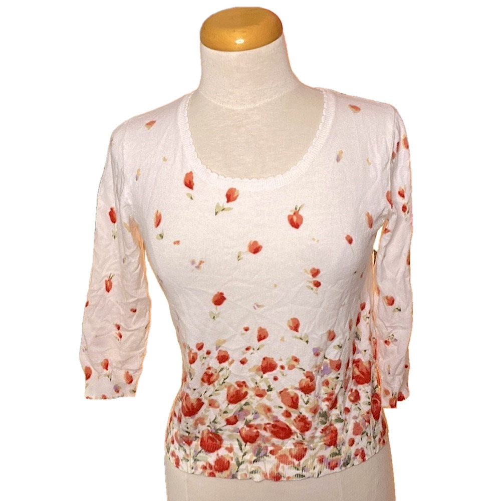 🌷 DKNY 🌷 Vintage White Orange Floral Cotton Knit Light Crop Sweater Top